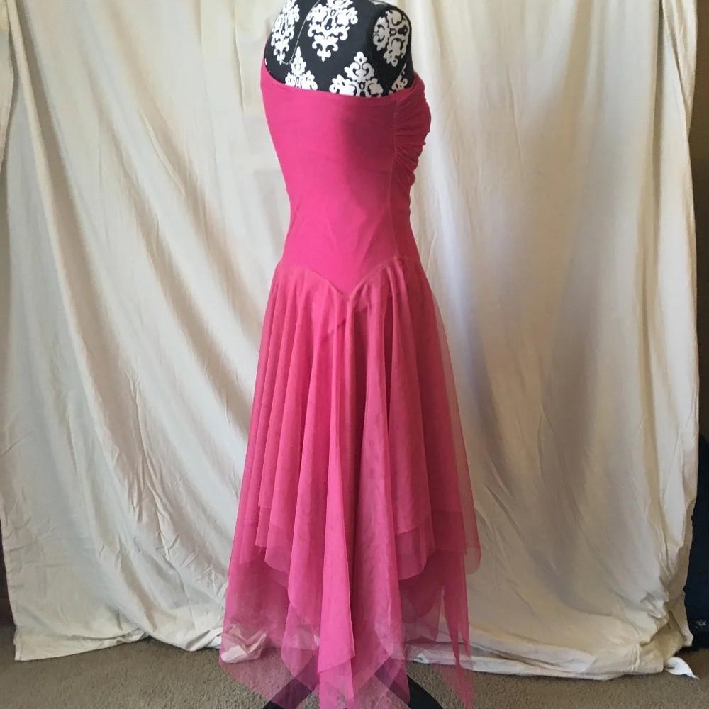 Vintage "Fairy" Asymmetrical Hem Pink Chiffon One Shoulder Midi Dress, XS - Picture 9 of 13